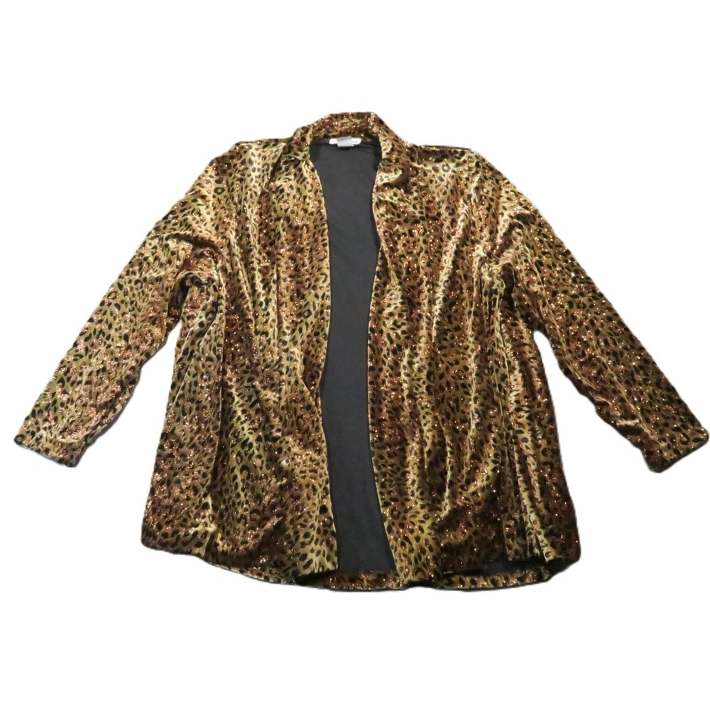 Vintage 90s Leopard Velvet Jacket‎ Womens M Brown Open Front Metallic Mob Wife